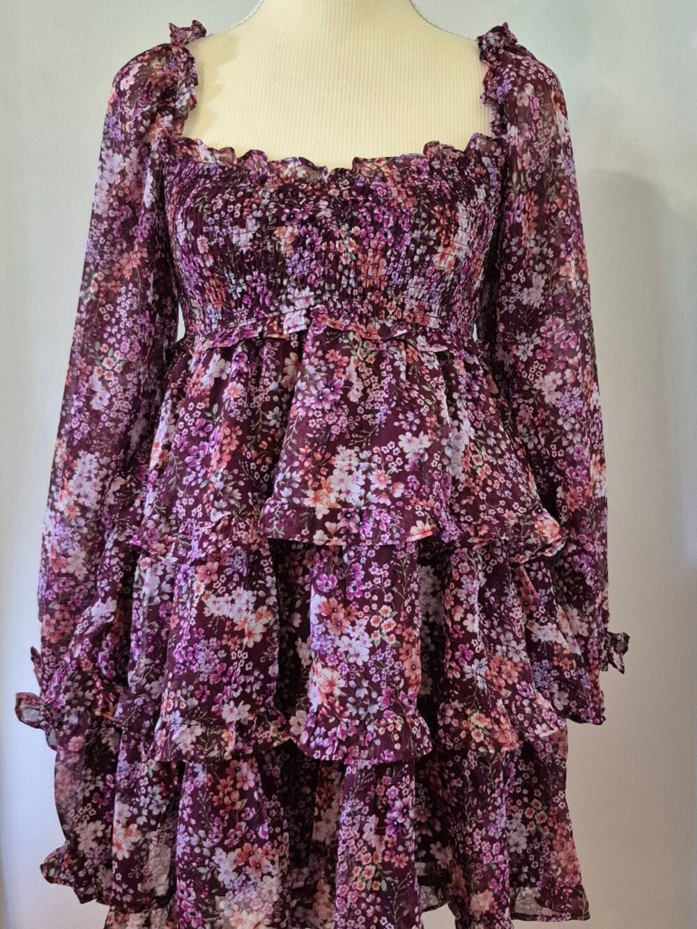 Altar'd State Tiered Floral Smocked Mini Dress Romantic Coquette Milkmaid Ruffle